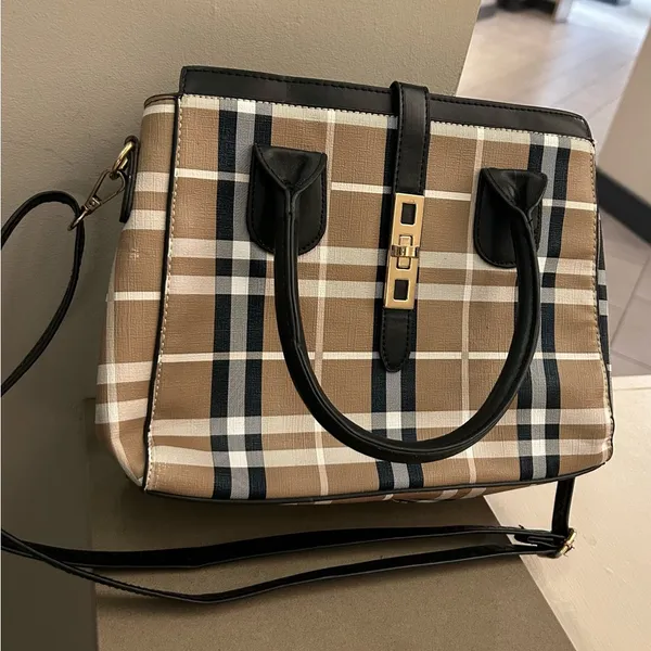 Purse Plaid Satchel Handbag with Black Trim - Taupe Plaid Satchel - Image 6