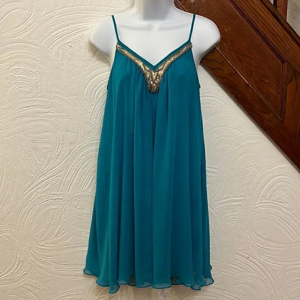 Express Babydoll Dress Womens Teal Blue Sequin Beaded V-Neck‎ Chiffon Small - Image 2