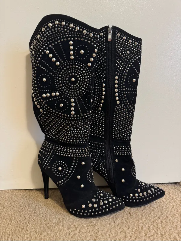 Olivia Miller Black Faux Suede Studded Knee High Stiletto Boots Size 7 - Image 2