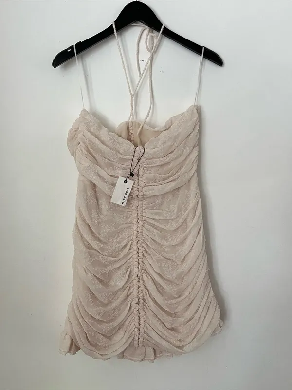 Miou muse ruched ruffle halter neck mini dress off white cream textured coquette - Image 4
