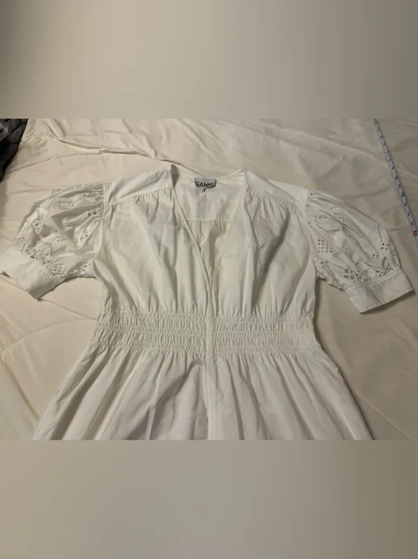 Ganni Organic Broderie Anglaise Eyelet Midi Dress w/Puff Sleeve - Size 34 (US 2) - Image 4