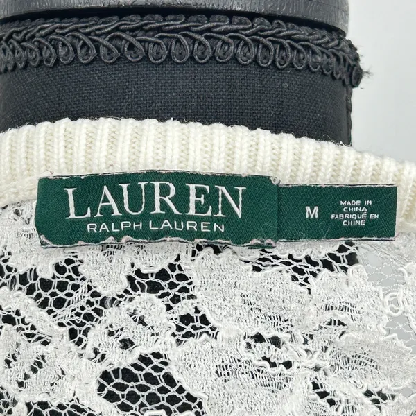 Ralph Lauren Lace Knit Top Womens M 3/4 Sleeve Sweater Quiet Luxury Costal White - Image 8