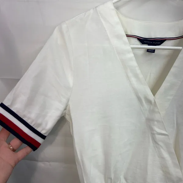 Tommy Hilfiger women's cream striped v-neck wrap vintage knee fit‎ flare dress - Image 2