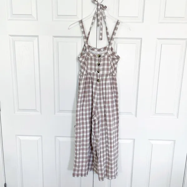 Free People Zuzu Seersucker Wide Leg Crop Jumpsuit Natural Gingham Cottagecore - Image 7