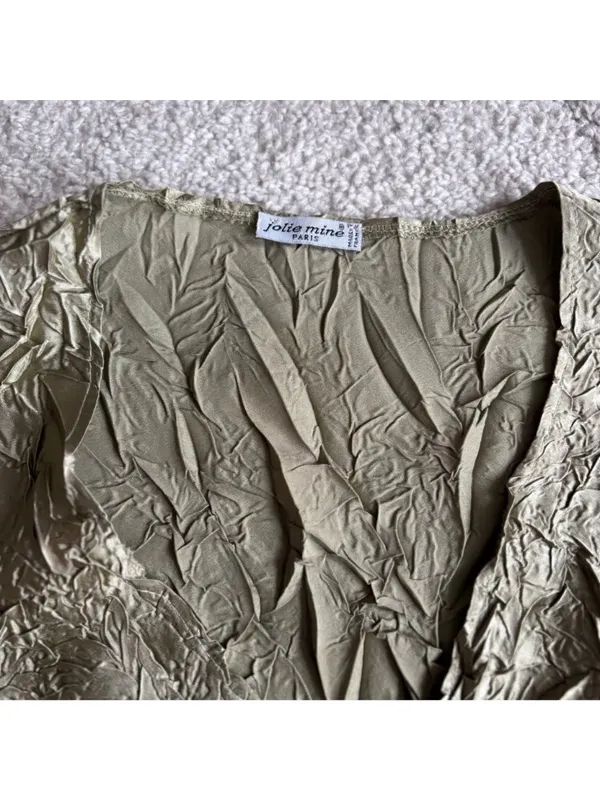 Jolie Mine Paris Olive Green Crinkle Blouse Button Front Long Sleeve Artsy - Image 7