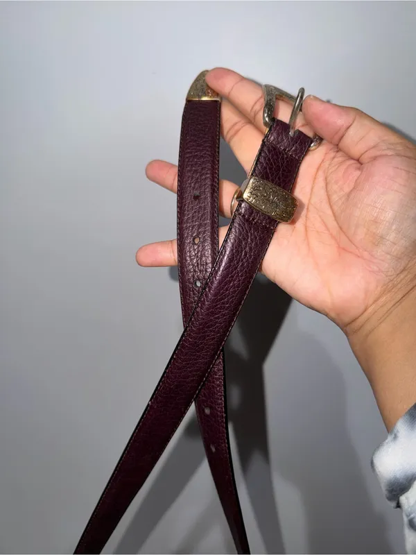 Full Grain Cowhide Leather Belt 36 Burgundy Silver Tone Buckle‎ USA Style - Image 5