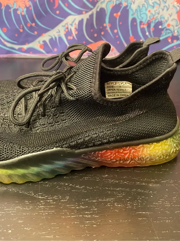 Men's Black Knit Lace-Up Sneakers with Rainbow Sole - Image 3