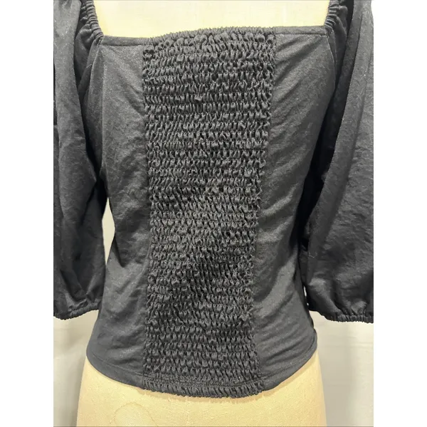 Ann Taylor Top M Black Square Neck Puff Sleeve Back Shirred Blouse Feminine - Image 4
