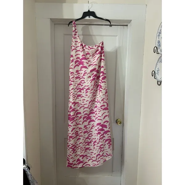 One Shoulder Pink Feather Print Slip Dress Side Slit Beach Summer Casual Medium - Image 8