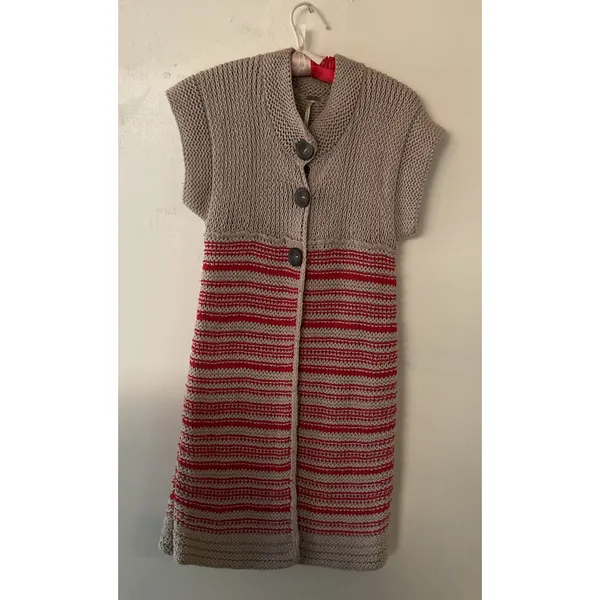 Free People Long Knit Sweater Vest Cardigan Button Front Striped Red Beige S - Image 4