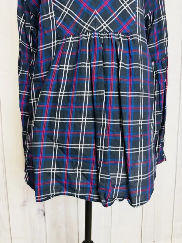 Ann Taylor Loft Plaid Tunic Blouse Women's Sz M V-Neck Black Blue Red - Image 3