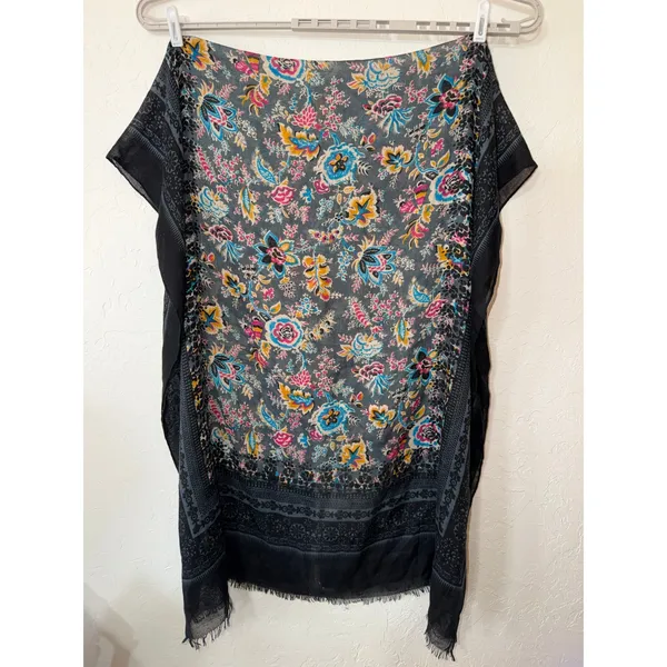 Saachi Viscose Black Floral Pashmina Shawl Scarf Fringe Boho Wrap Oversize Large - Image 2