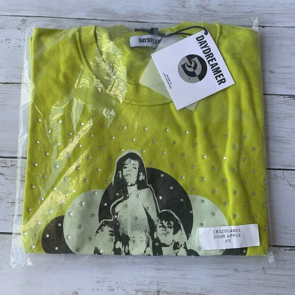 NWT DAYDREAMER The Cut Rhinestones Reverse‎ GF Tee in Sour Apple Green - Image 4
