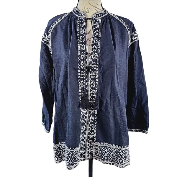 Madewell -348 Embroidered Camelia Tassel Top Black 3/4‎ Sleeve Size Small - Image 3