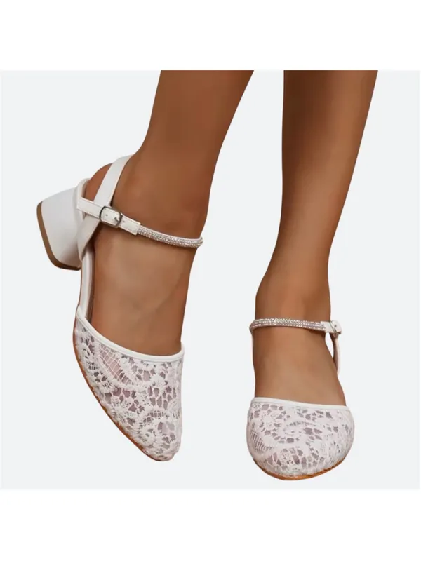 White Lace Low Block Heel Ankle Strap Wedding Shoe Sandals Size 40 - Image 2