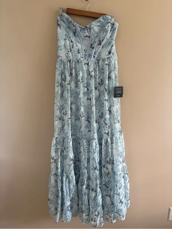 Lulus Special Moment Light Blue Floral Strapless Bustier Maxi Dress Size Large - Image 4