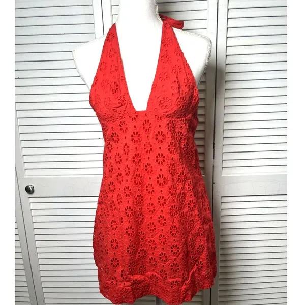 Free People Embroidered Halter 100% Cotton Red Trevi Eyelet Mini Dress Sz L NWT - Image 5