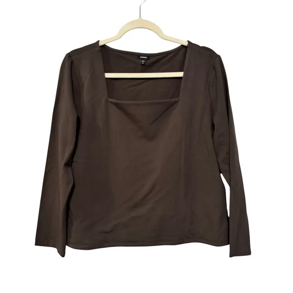 Express Womens XL Brown‎ Square Neck Long Sleeve Top Stretch Knit Shirt - Image 7