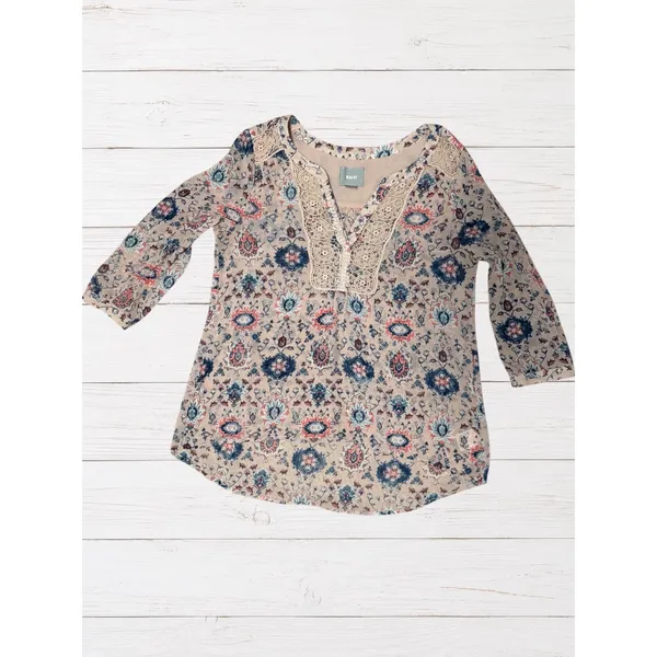 Maeve Anthropologie Stillwater Boho Henley Blouse 6 Floral Crochet Lace Top - Image 2