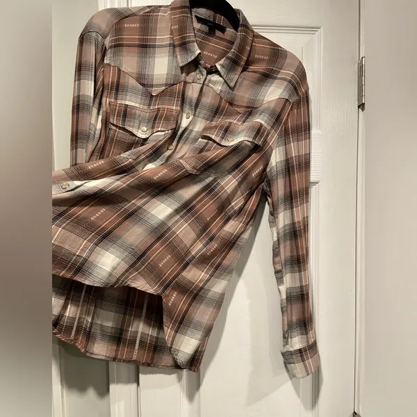 Jane & Delancey Size S Brown Plaid Flannel Western Pearl Snap Front Shirt - Image 5