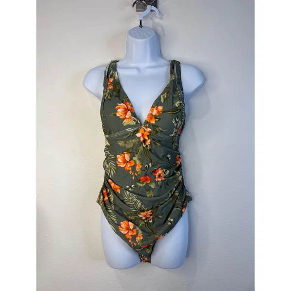 Cupshe Womens XL Tropical Floral Ruched V-Neck One Piece Swimsuit Green - Image 2
