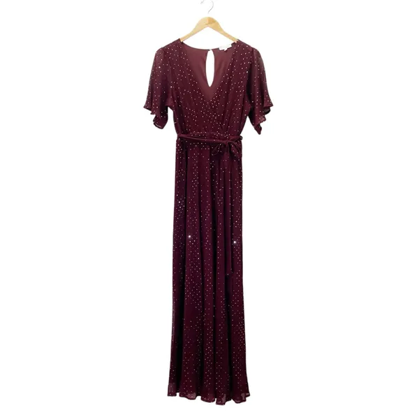 Baltic Born Grace Sparkle Sequin Maxi Dress Mulberry Faux Wrap Slit Size Medium - Image 2