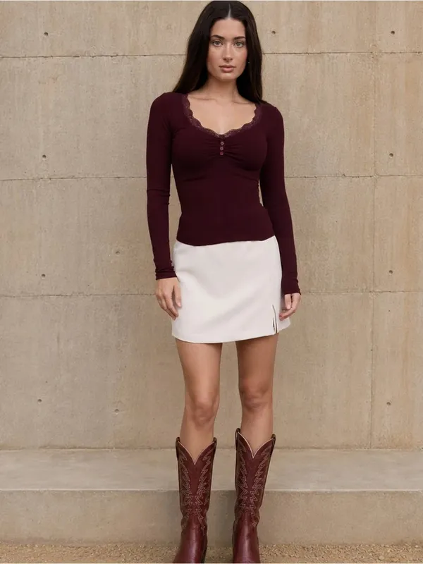 Lace Trim Ruched Long Sleeve Top - Oxblood - Image 5