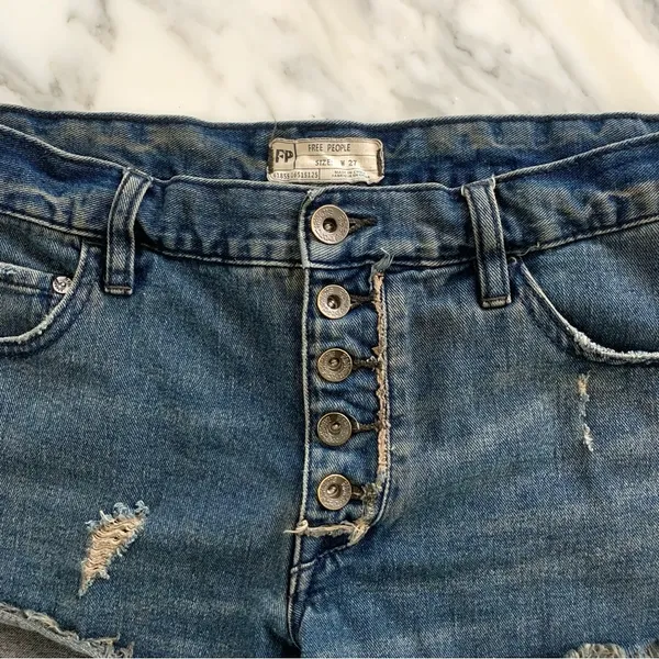 Free People Button Fly Distressed Denim Cutoff Jean Shorts - Image 4