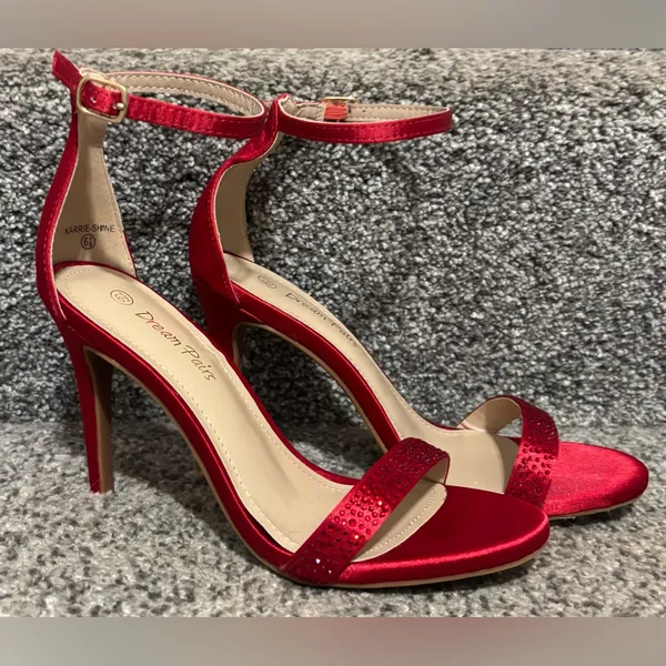 Dream Paris Red Satin Stilettos With Rhinestone Detailing - Image 2