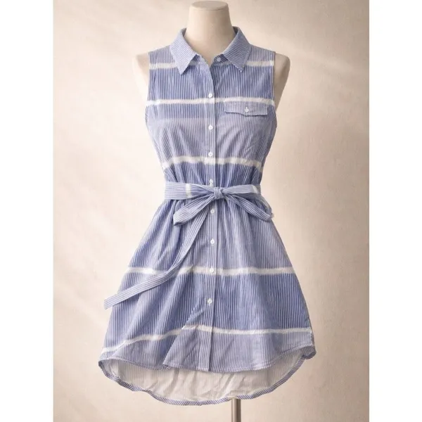 The Impeccable Pig Button-Down Sleeveless Dress - Blue & White - M - Image 2