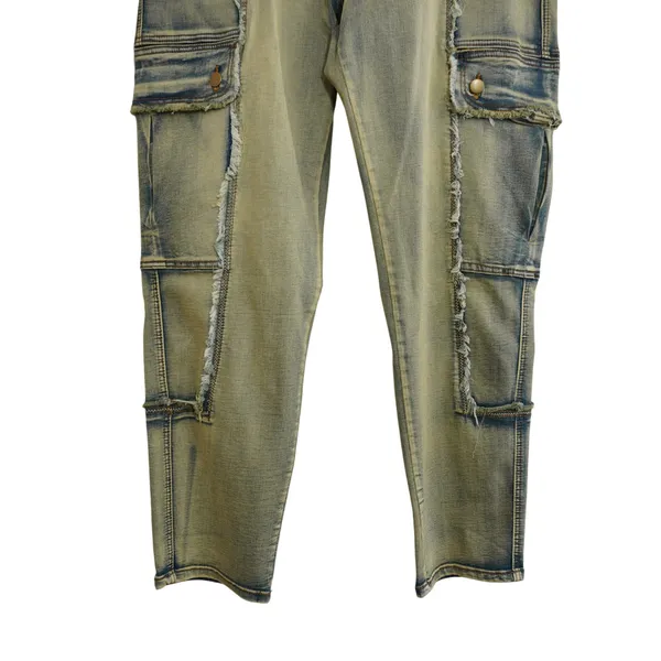 Oli‎ & Hali Yellow Wash Distressed Cargo Jeans XL Fringed Raw Edge Utility Pants - Image 3