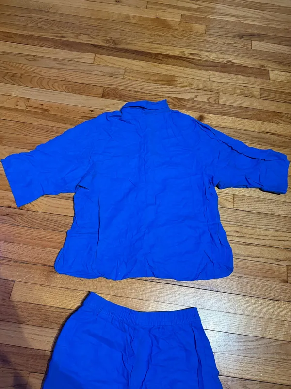 Zara Linen Matching set button shirt Coord wide pant drawstring lounge blue M - Image 9