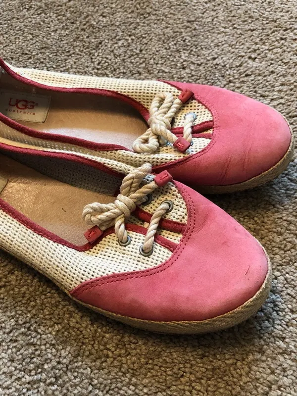 UGG Catrin Crochet Slip Ons Coral Red Pink Beige Espadrille LEATHER Flats US 8 - Image 6
