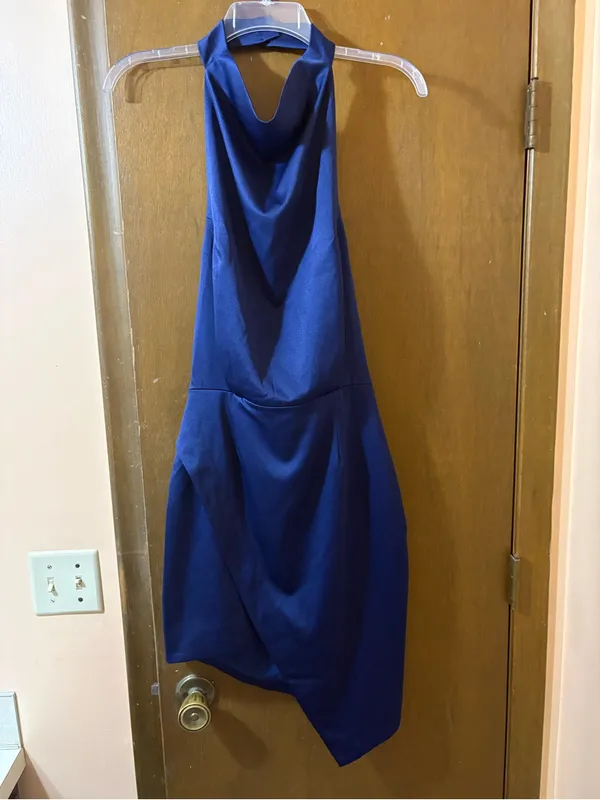 NWT Elliatt Navy Satin Asymmetrical Halter Mini Dress - Image 3