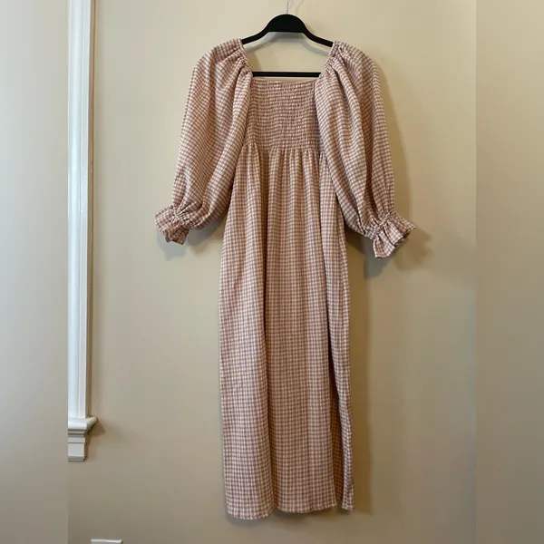 REVOLVE x O.P.T. Athena Smocked Pink Gingham Ruffle Midi Dress Milkmaid Size S - Image 5