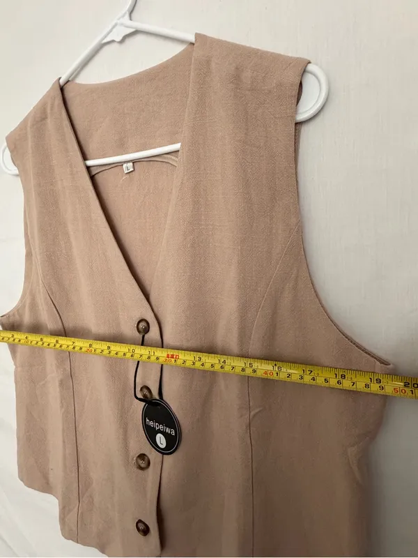 NWT Heipeiwa Women Beige Cotton Linen Button Front Tailored Vest Top Sz L(A858) - Image 3