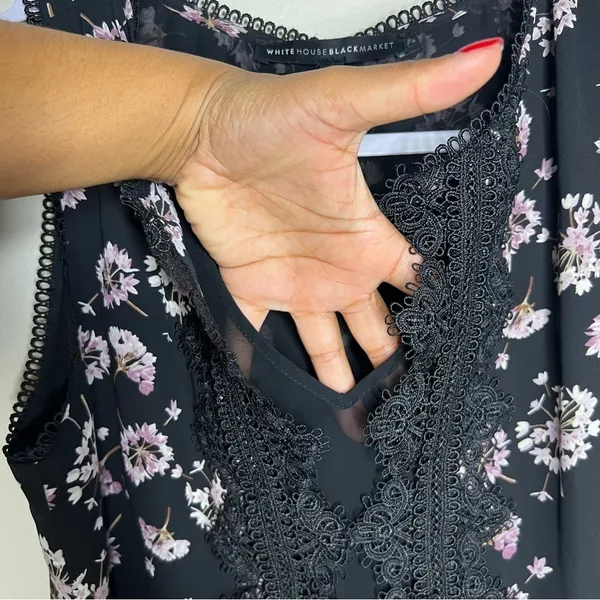 WHBM Dark Floral Whimsigoth Dandelion Scalloped Trim Lace Sheer‎ Chiffon Tank - Image 4