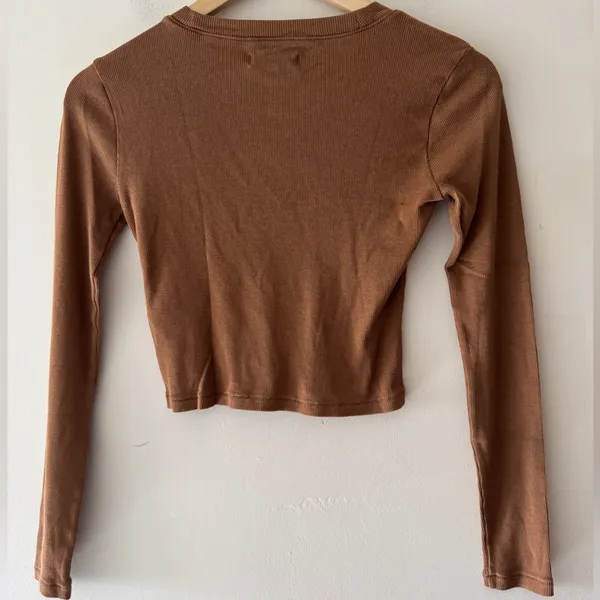 Madewell Fine Ribbed Supercrop Crewneck‎ Brown Long Sleeve Top - Image 3