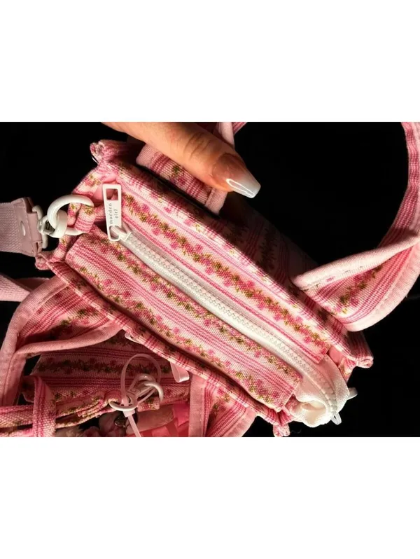 Madden Girl Floral Stripe Mini Tote Teddy Bear Charm Pink Coquette NWT - Image 10
