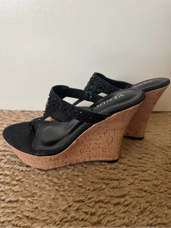VENUS Black Rhinestone Embellished Cork Platform Wedge Thong Sandals New Size 7 - Image 4