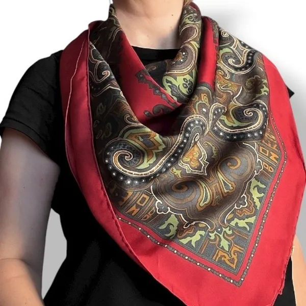 Vintage Silk Paisley Printed Scarf Red Blue Medallion Made In England Equestrian - Image 8