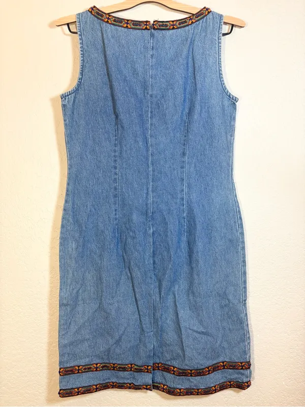 Vintage Denim Embroidered Beaded Trim Dress Size 8 - Image 2