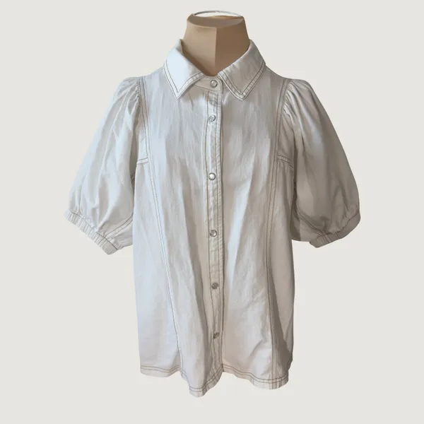 3157 | Entro Puff Sleeve Contrast Stitch Cottagecore Top White Womens M - Image 5