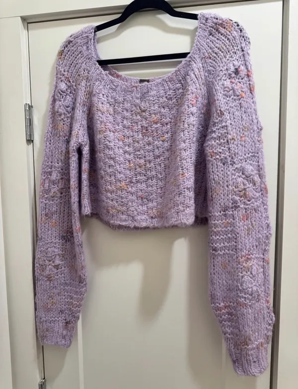 Free People Womens Sunset Cloud Pullover Sweater Purple Chunky Knit Crop Top - Image 8