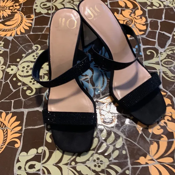 Jennifer Lopez Black Rhinestone Two-Band Heeled Sandals Sz: 10 - Image 3