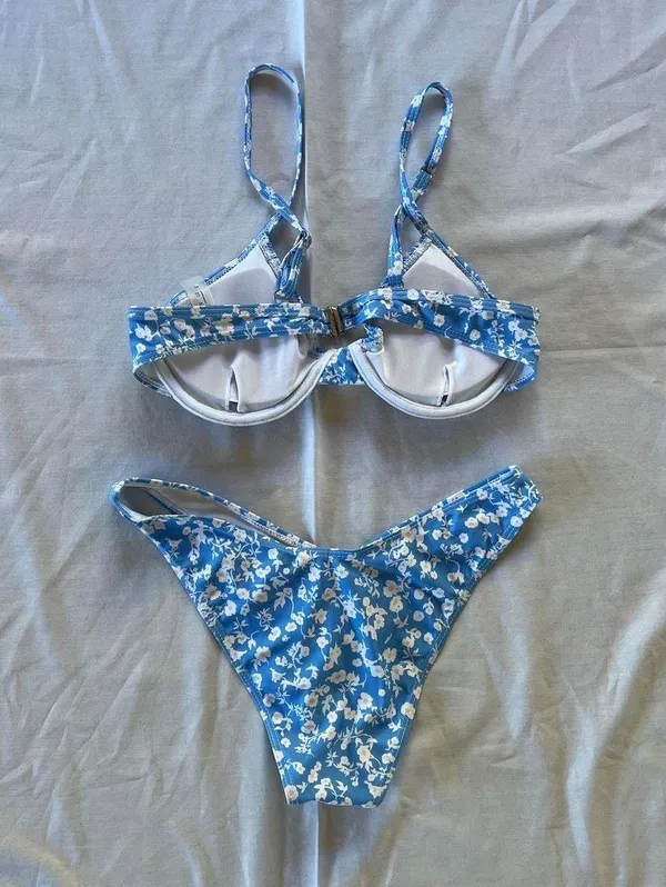 SheIn Blue and white floral bikini set - Image 2