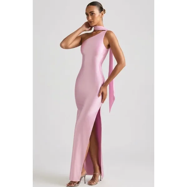 Oh Polly Sheril Asymmetric Scarf-Detail Maxi Dress in Soft Pink Size 4 New - Image 6
