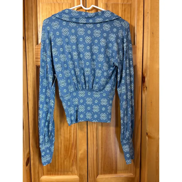 Free People Women's S Sydney Chambray Combo Bishop Sleeve‎ Top NWT Blue Stretch - Image 2