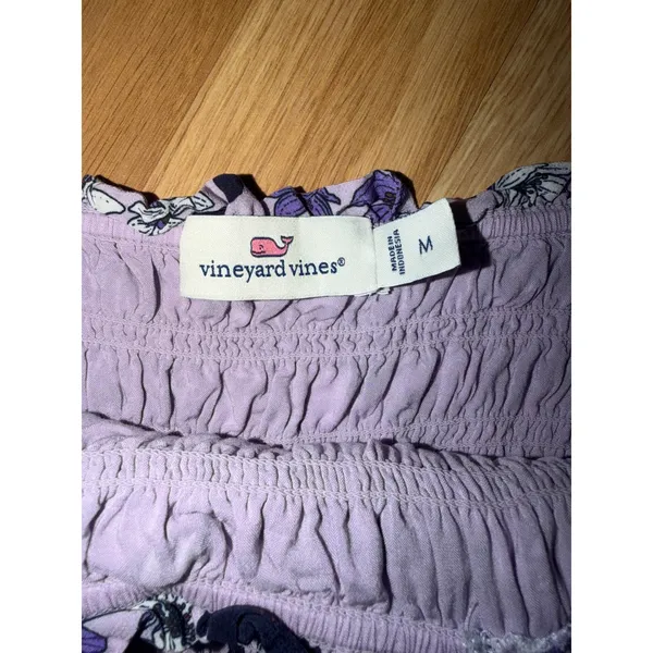 Vineyard Vines Womens Purple Floral Smocked Peplum Top Long Sleeve Size M - Image 2