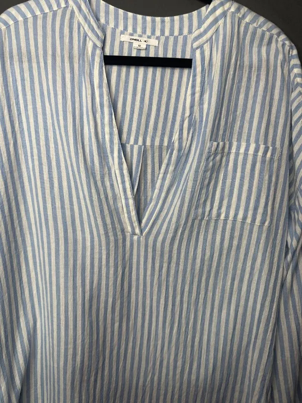 O’Neill Women’s M Blue White Striped Cotton Tunic Blouse Coastal Beach Oversized - Image 3
